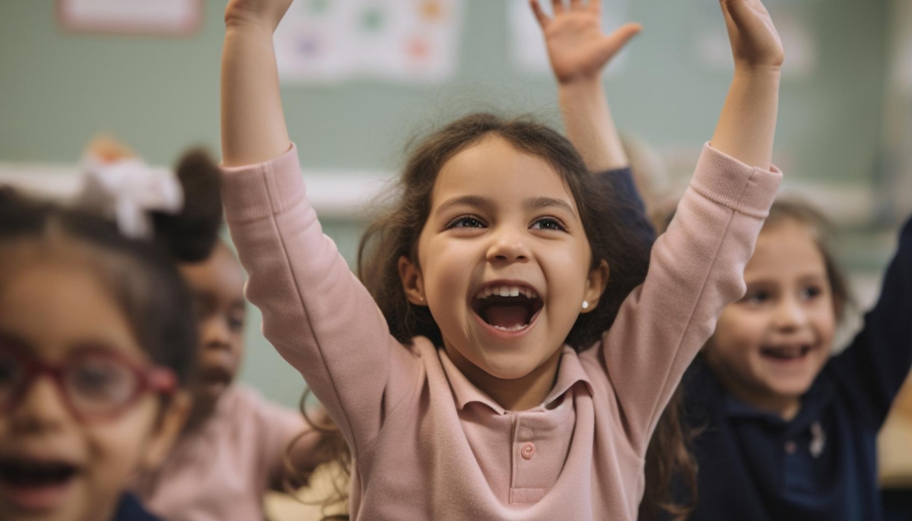 kid raising hand in joy